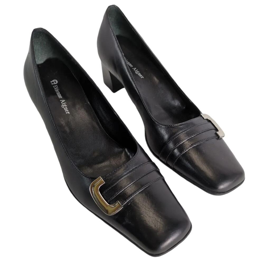 ETIENNE AIGNER Women's 8 E-Mozart Square Toe Black Leather Heels Pumps‎ Preppy